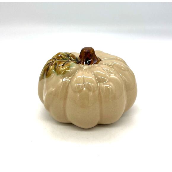 Greenbrier International Cream Ceramic Pumpkin Fall Autumn Thanksgiving 3"x2.25" - Picture 1 of 4